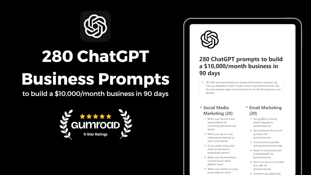 280 ChatGPT business prompts to $10k/mo screenshot 1 of 7