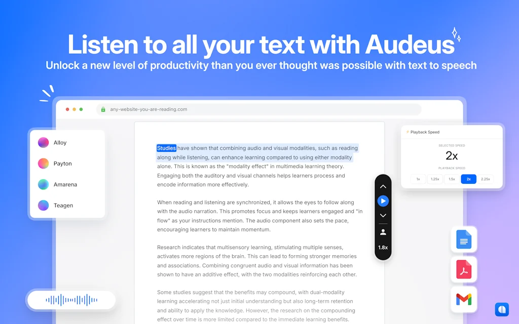 Audeus: Text to Speech Chrome Extension  screenshot 1 of 6