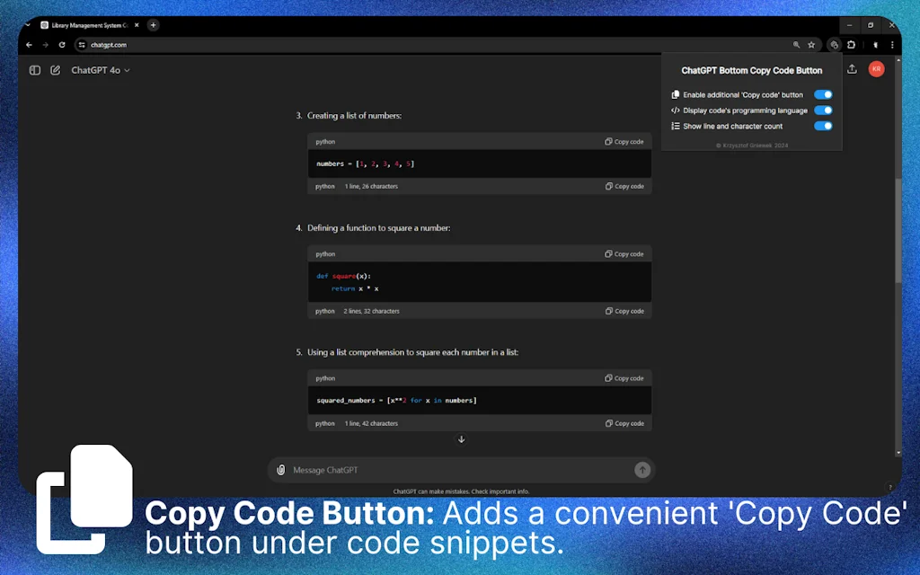 ChatGPT Copy Code Button & Statistics screenshot 2 of 7