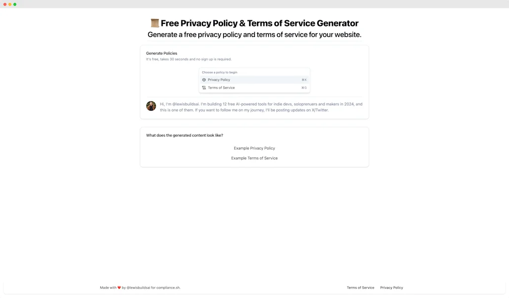 Free AI Privacy Policy & ToS Generator screenshot 1 of 3