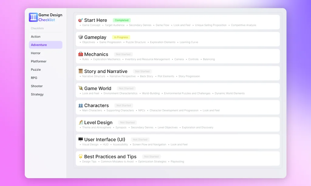 Game Design Checklist screenshot 2 of 3