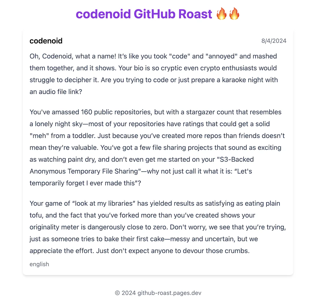 GitHub Profile Roast 🔥🔥🔥 screenshot 3 of 7