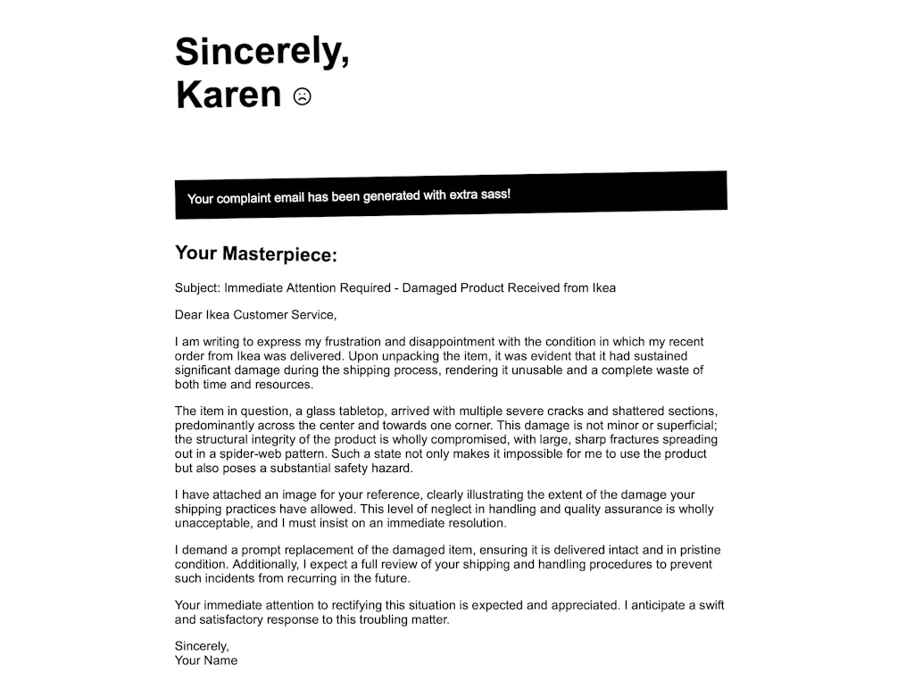 Sincerely Karen: Complaint Generator screenshot 1 of 2