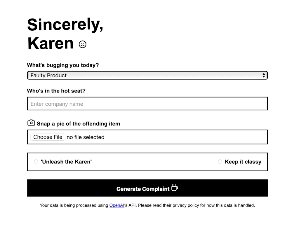 Sincerely Karen: Complaint Generator logo