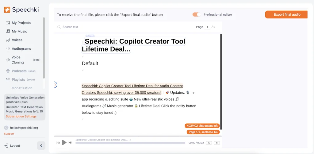 Speechki ChatGPT Plugin: anything audio screenshot 2 of 4