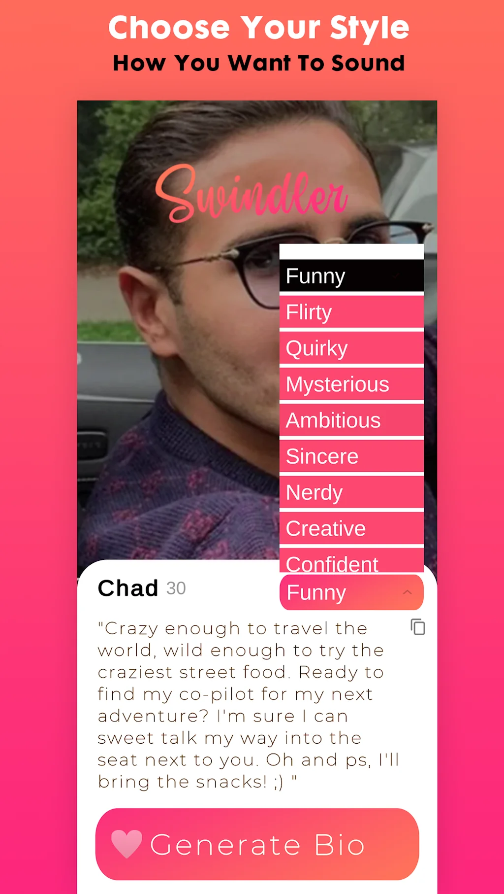 Swindler: Create.Tinder.Bio with AI screenshot 2 of 5