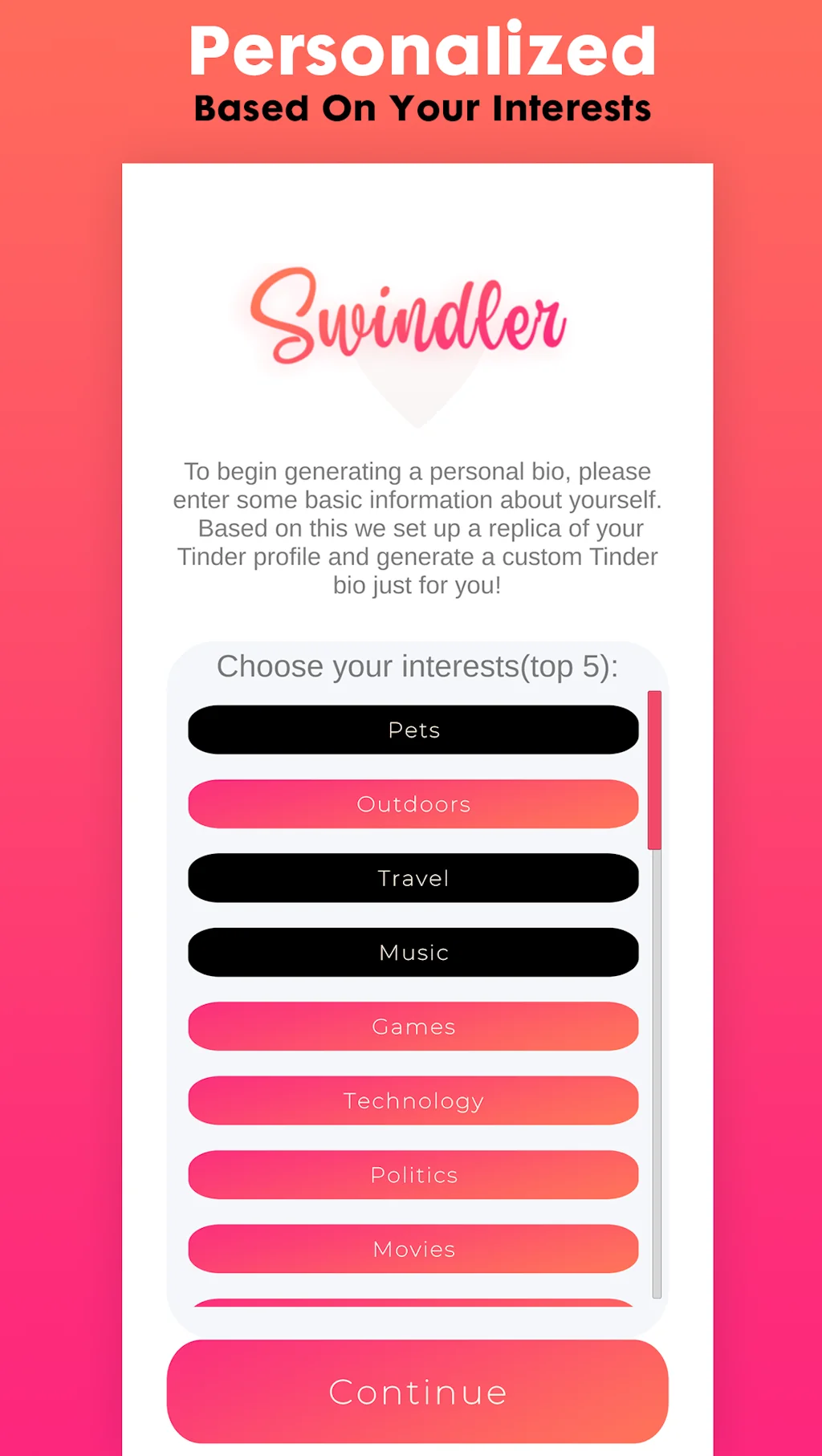 Swindler: Create.Tinder.Bio with AI screenshot 3 of 5